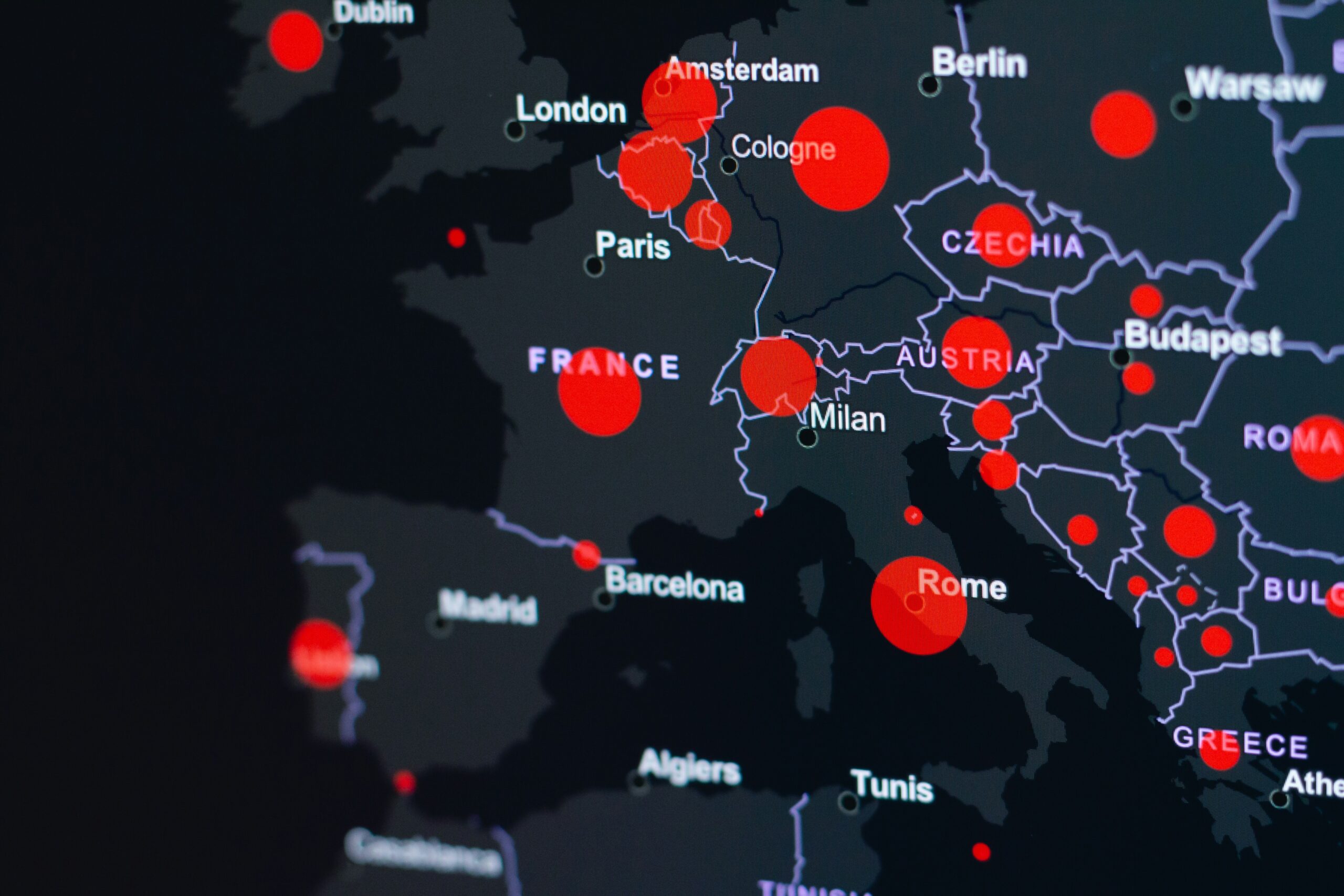 Map of Europe in blue with red dots showing hubs